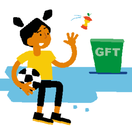 Geïllustreerd meisje met voetbal in hand gooit een appel in een gft-bakje