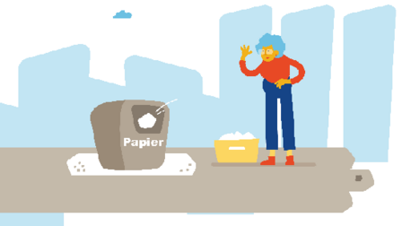 geillustreerde oma staat naast een krat oud papier en gooit een propje in een papiercontainer